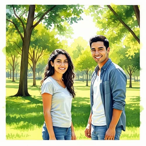 Young Hispanic Couple in Casual Attire - Watercolor Painting