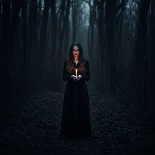 Dark Forest Scene with Candle-Wielding Woman