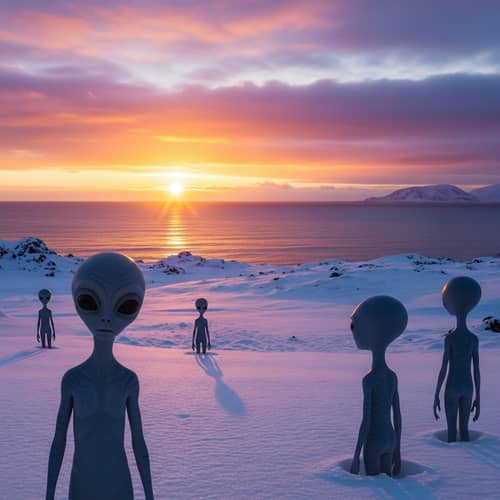 Enchanting Sunset Landscape with Extraterrestrial Beings