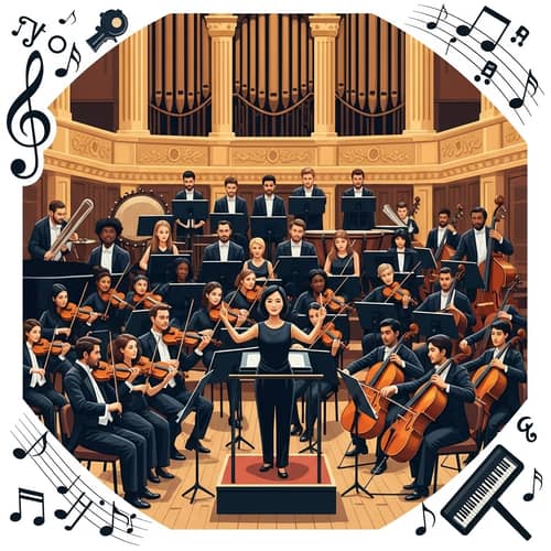 Grand Orchestra Performing Classical Music in Elaborate Concert Hall