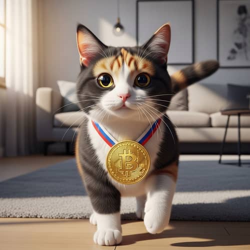 Fluffy Domestic Cat with Bitcoin Medal | Mischievous Bitcoin Cat