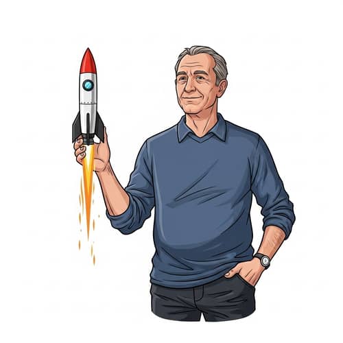 Middle-Aged Man Holding Miniature Rocket | Website Name