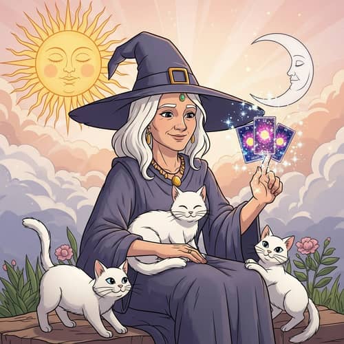 Cartoon Style White Witch with Cats: Compassion and Love