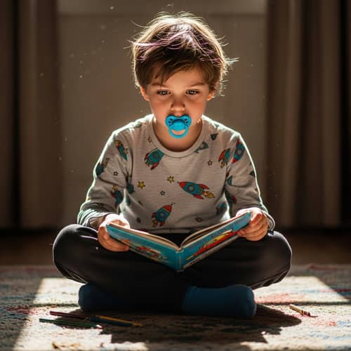 Focused Eight-Year-Old Boy with Blue Pacifier