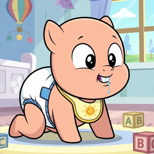 Cute Cartoon Pony Baby Crawling with Bib and Diaper