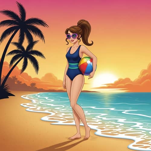 Disney Style Woman in One-Piece Swimsuit on Sandy Beach
