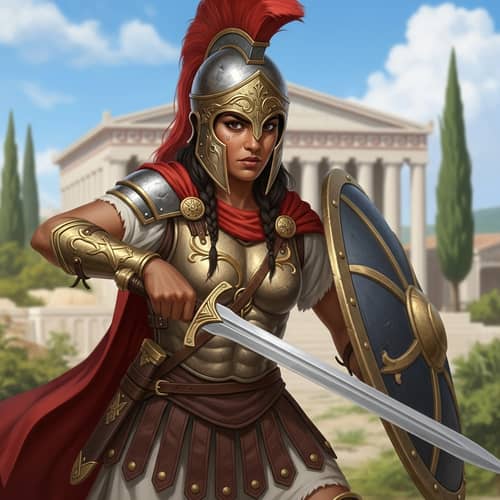 Female Warrior in Ancient Greek Armor with Sword