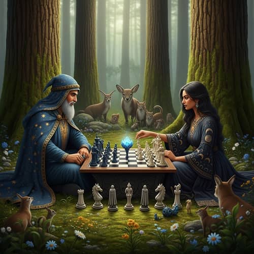 Wizard and Witch Playing Magical Chess in Enchanted Forest