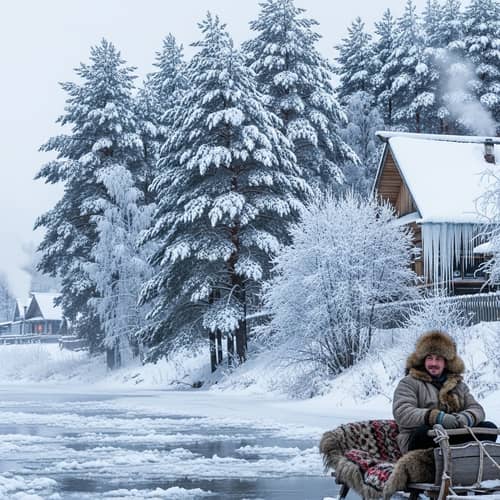 Russian Winter Scene: Snow-Covered Pines, Icicles, Frozen River
