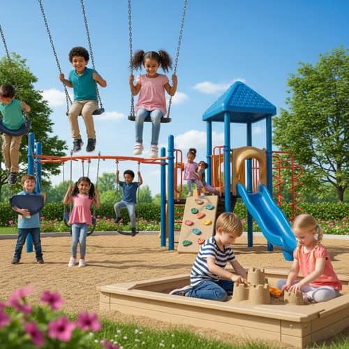 Colorful Playground with Diverse Kids Playing Happily