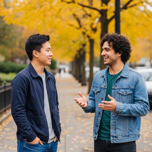 Young Asian and Hispanic Men Chatting in Urban Park
