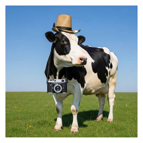 Playful Cow with Vintage Camera in Green Meadow
