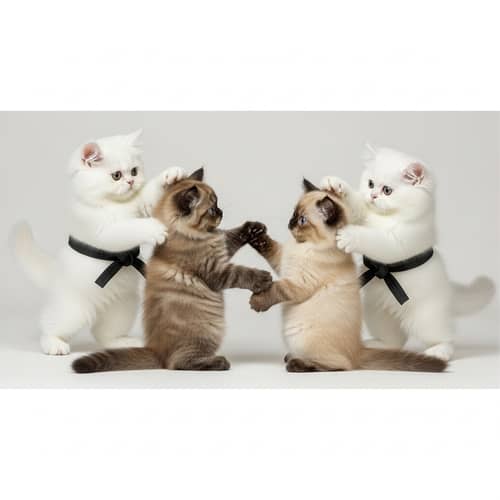 Playful Ninja Kittens: White Persian & Himalayan Pals Practicing Martial Arts