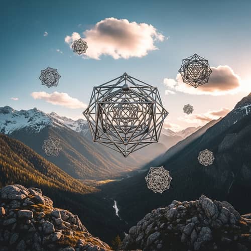 Surreal Mountain Landscape with Metal Sacred Geometry