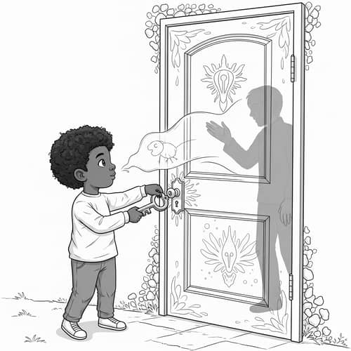 Diverse Child Turning Key to Open Ethereal Door