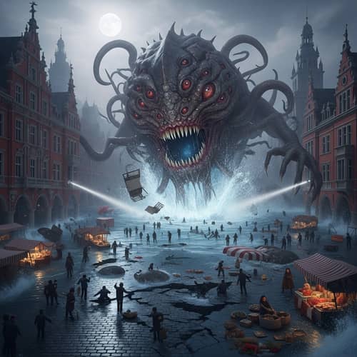 Mythical Sea Creature Unleashing Chaos in Red-Brick City Square