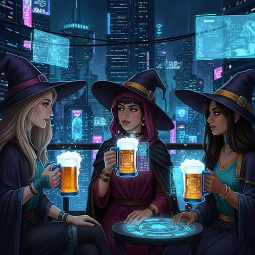 Futuristic Witch Trio in Cyberpunk Cityscape | Digital Brew Magic