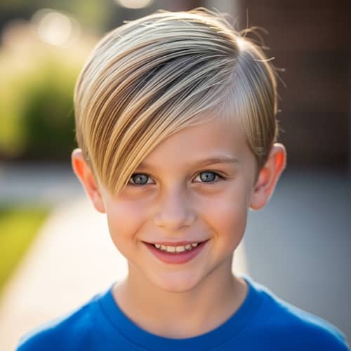 Distinct Blonde Boy with Unique Comb Over Hairstyle