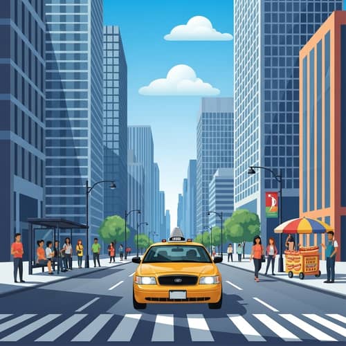 Vibrant Yellow Taxi Cab in Bustling City | Modern Skyscrapers