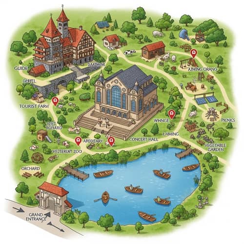 Tourist Farm Map: Rustic Hotel, Serene Lake, Concert Hall & Attractions
