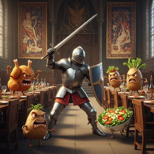Epic Battle of Knight vs. Anthropomorphized Food Items