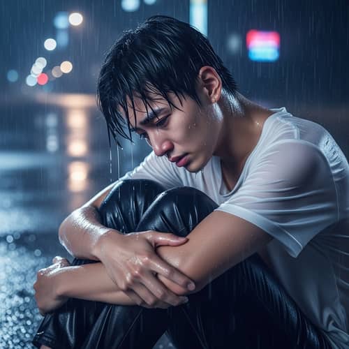 Emotional Young Asian Male Pop Star Alone in Rain at Night