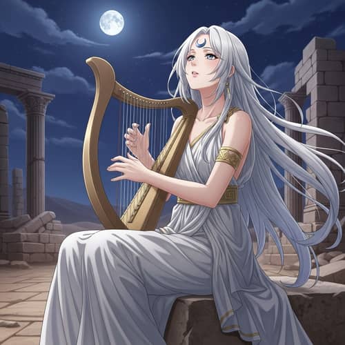 Anime Woman Playing Harp in Ancient Ruins at Night