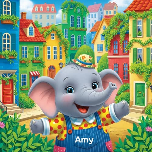 Colorful Small Town with Joyful Baby Elephant - Illustration
