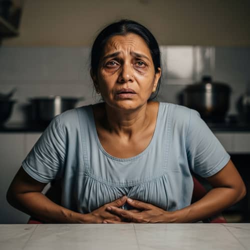 Middle-Aged South Asian Woman Expressing Hunger and Hope | Kitchen Scene