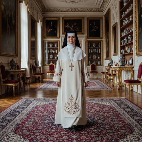 Caucasian Nun in Traditional Apparel in Luxurious Setting