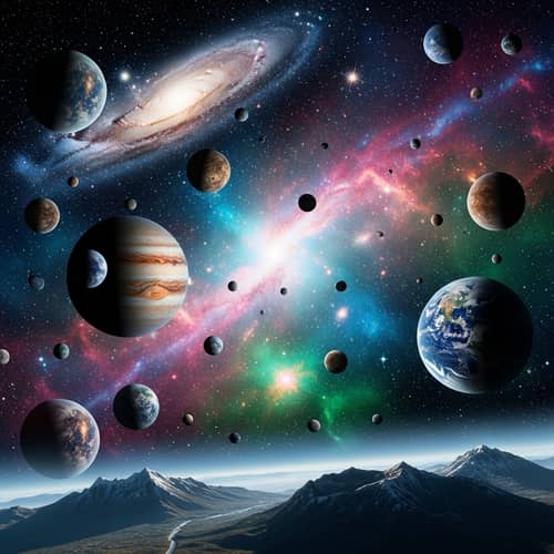 Vivid Cosmic Landscape with Multihued Nebula and Planets
