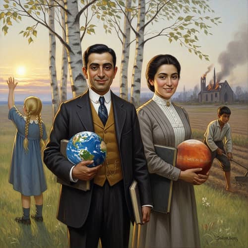 Pre-1912 Educators Holding Planet Books with Children and Burnt Church