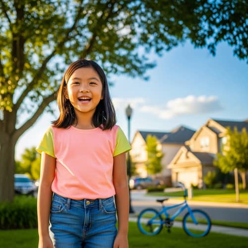 Cheerful 8-Year-Old Asian Girl in Casual Clothing Under Sunlight