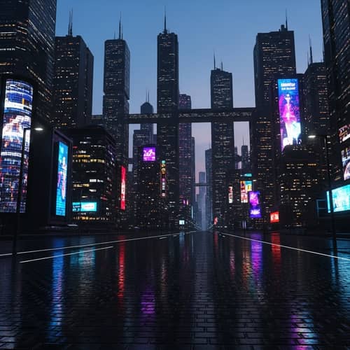 Futuristic Cyberpunk Cityscape - Towers, Lights, and Twilight