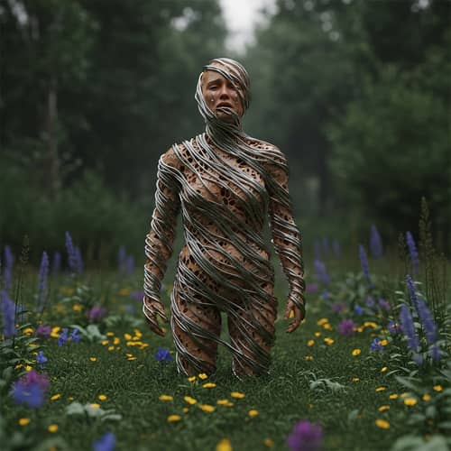Crying Humanoid Figure Wrapped in Molten Plastic in Nature