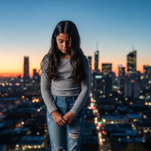 Hispanic girl in sad cityscape at dusk