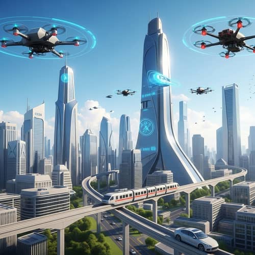 Futuristic City 2024: High-Tech Buildings, Flying Cars, Drones & More
