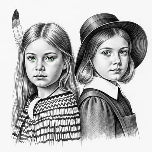 Cultural Fusion: Monochrome Sketch of Maori and British Girls in 1800's NZ