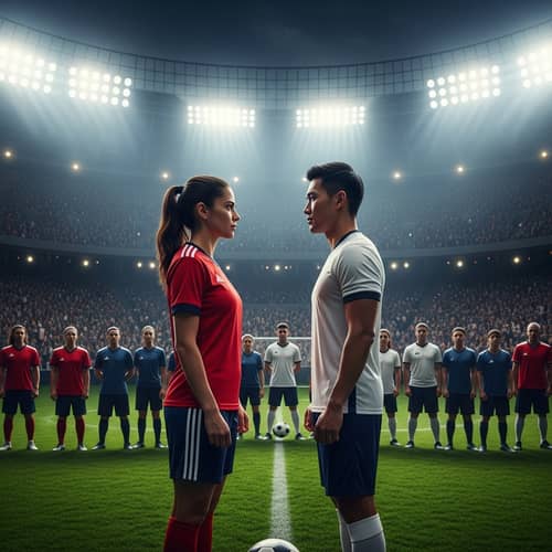 Intense Face-off: Soccer Team Captains in Stadium Before Match