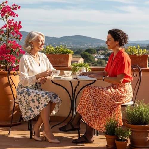 Mature Women in Blouses and Skirts on Terrace - Ethnic Diversity