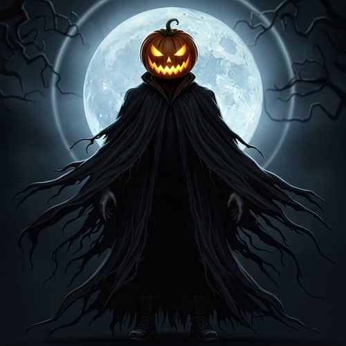 Pumpkin Headed Figure in Grim Reaper Outfit on Full Moon Night