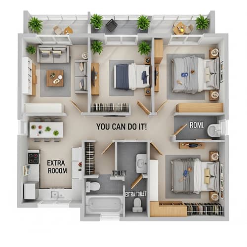 Modern Apartment 3D Ground Plan with Spacious Kitchen