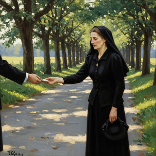 Impressionist-style Painting Depicting Heartfelt Scene of a Middle-Aged Widow Offering