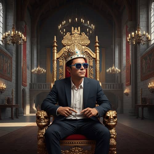 Hispanic Man in Jeweled Crown on Lavish Throne