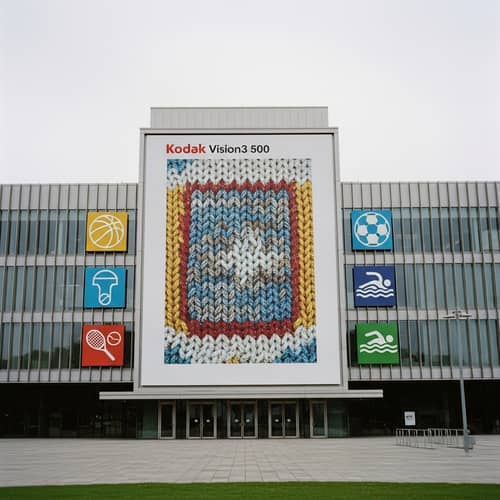 Knitted Wall Poster Mockup at Sports Complex | Kodak Vision3 500