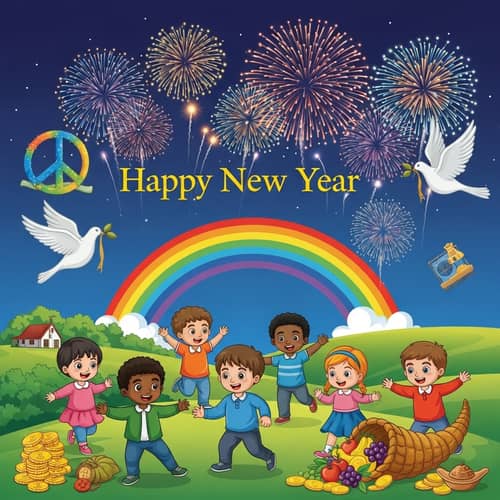 New Year Celebration with Multicolored Fireworks and Symbols of Peace