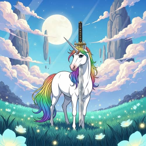 Mystical Unicorn in Dreamlike Meadow | Sword Horn Anime Art