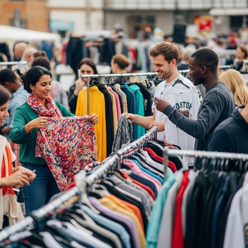 Bustling Flea Market with Colorful Garments & Diverse Buyers