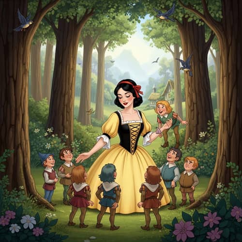 Enchanting Fairy Tale Scene with Woman and Seven Dwarfs