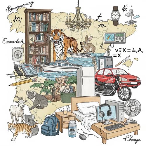 Intricate Collage: Library, Tiger, Boat, Chandelier & More